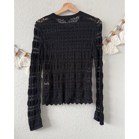 Minnie Rose Black Pointelle Open Knit Sheer Long Sleeve Top Whimsygoth Beach M - Picture 2 of 9